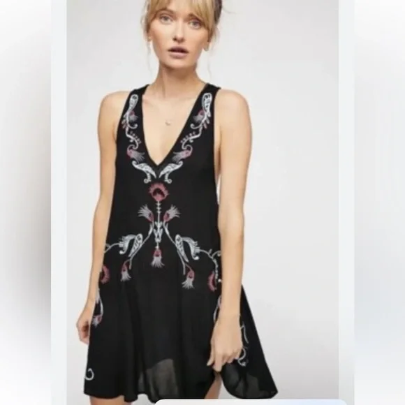Free People Black Mini Dress with Floral Embroidery - Picture 1 of 9